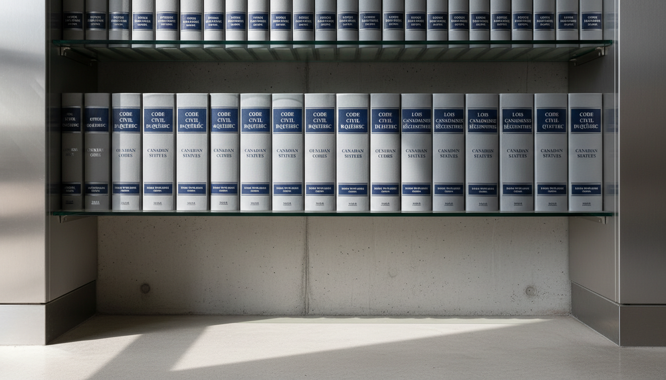A meticulously organized set of matte grey law books lined up on a subtle textured glass shelf, each spine embossed with silver and navy titles in French and English, representing both Quebec and Canadian law. The setting is a sleek, modern legal office corner, featuring clean concrete walls and minimalist metal accents. Soft, diffused daylight flows in from an unseen window, creating gentle highlights on the book spines and faint shadows on the smooth surfaces. The overall mood is calm and professional, with the composition centered and slightly elevated to showcase balance and symmetry. Photographic realism and a corporate, structured aesthetic dominate, supporting the trustworthy, polished image of a contemporary legal firm.